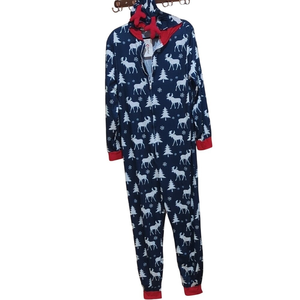 PatPat Men's Large Blue Reindeer Christmas Pajama Onesie Hooded